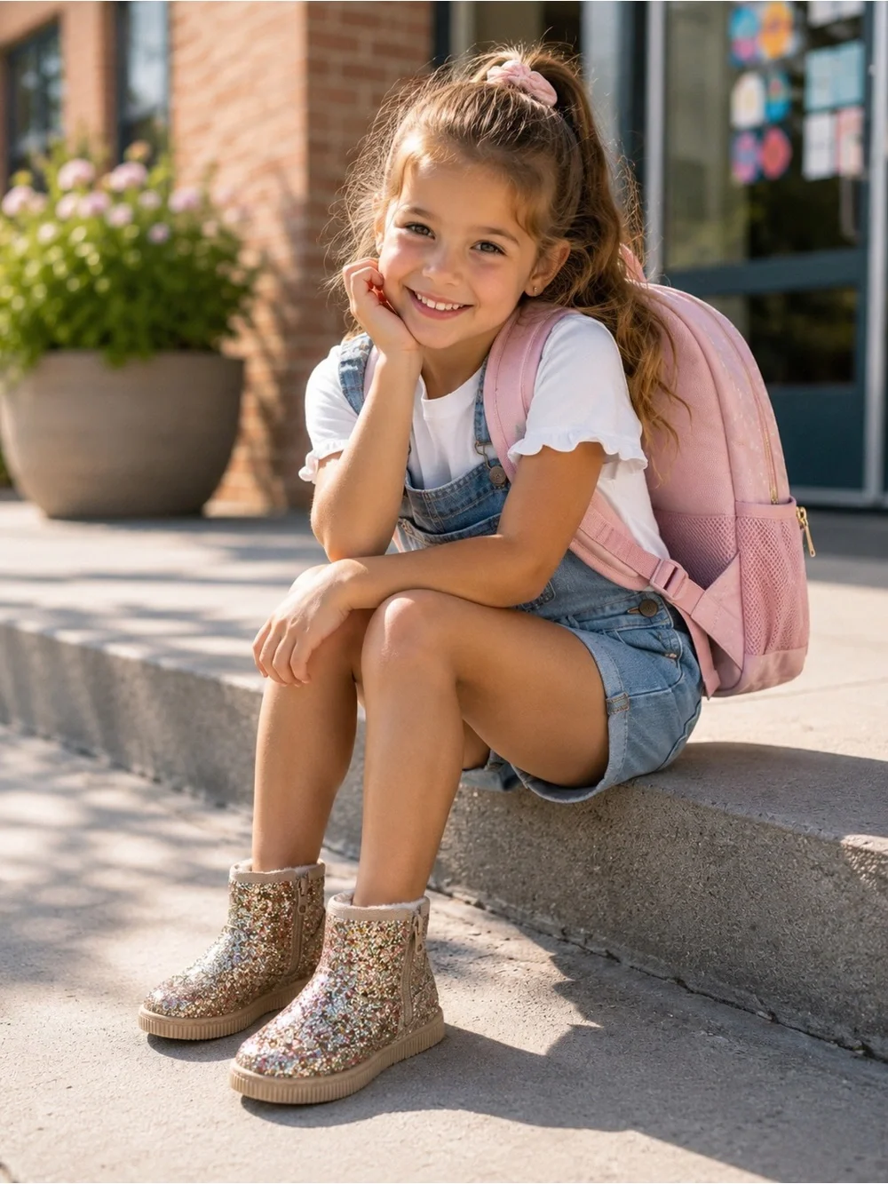 Kids Glitter Ankle Boots in Tan with Multicolor Sparkle